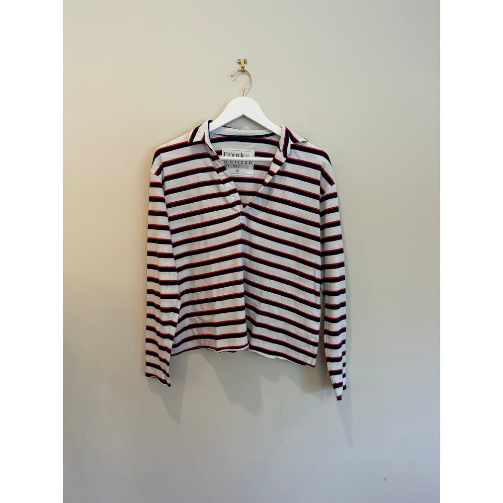 Frank & Eileen Eileen Striped Long Sleeve Polo Tee White Navy Red XS Made in USA - Picture 2 of 5